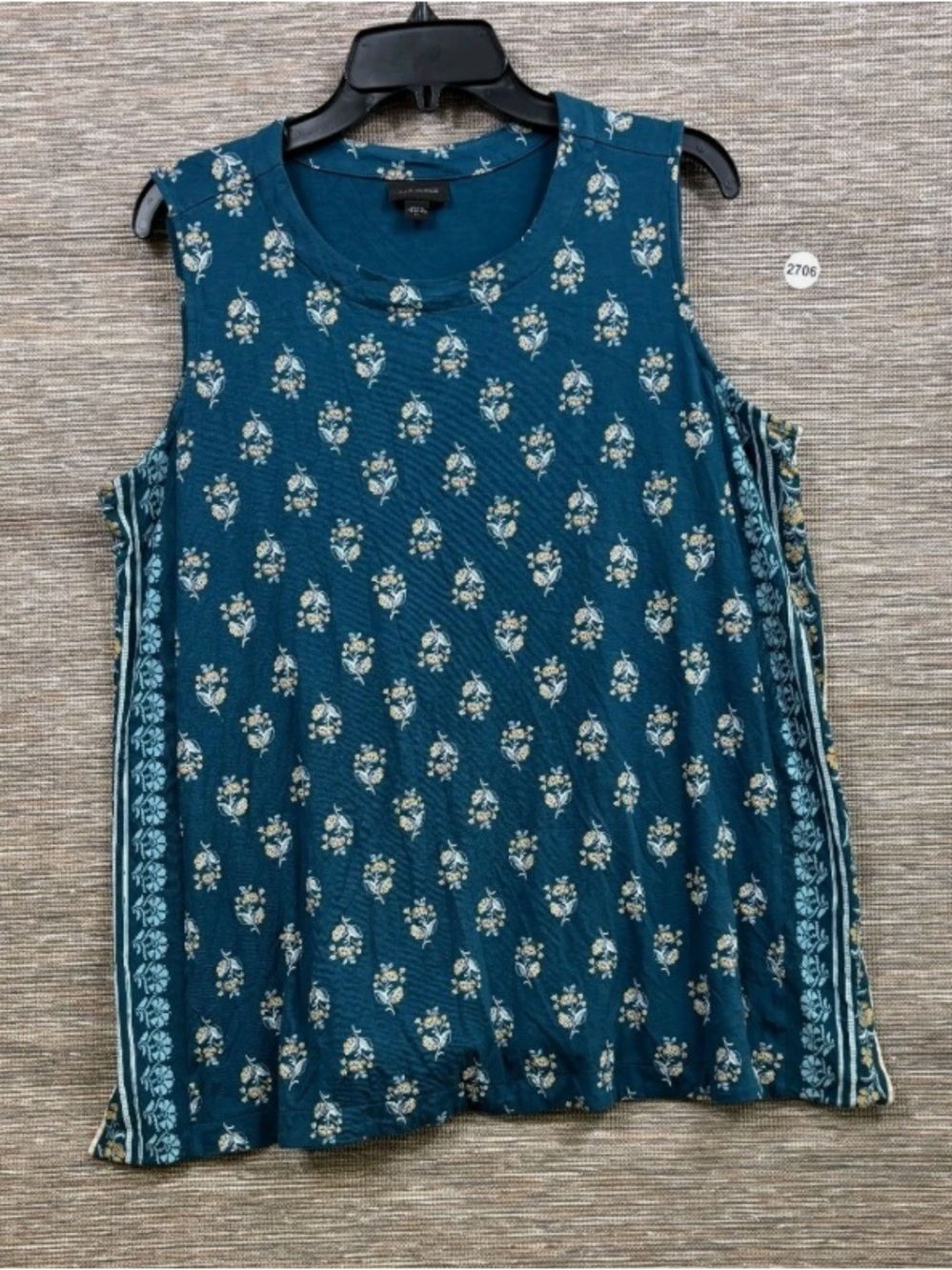J. Jill Teal Floral Sleeveless Tank with Border Stripes